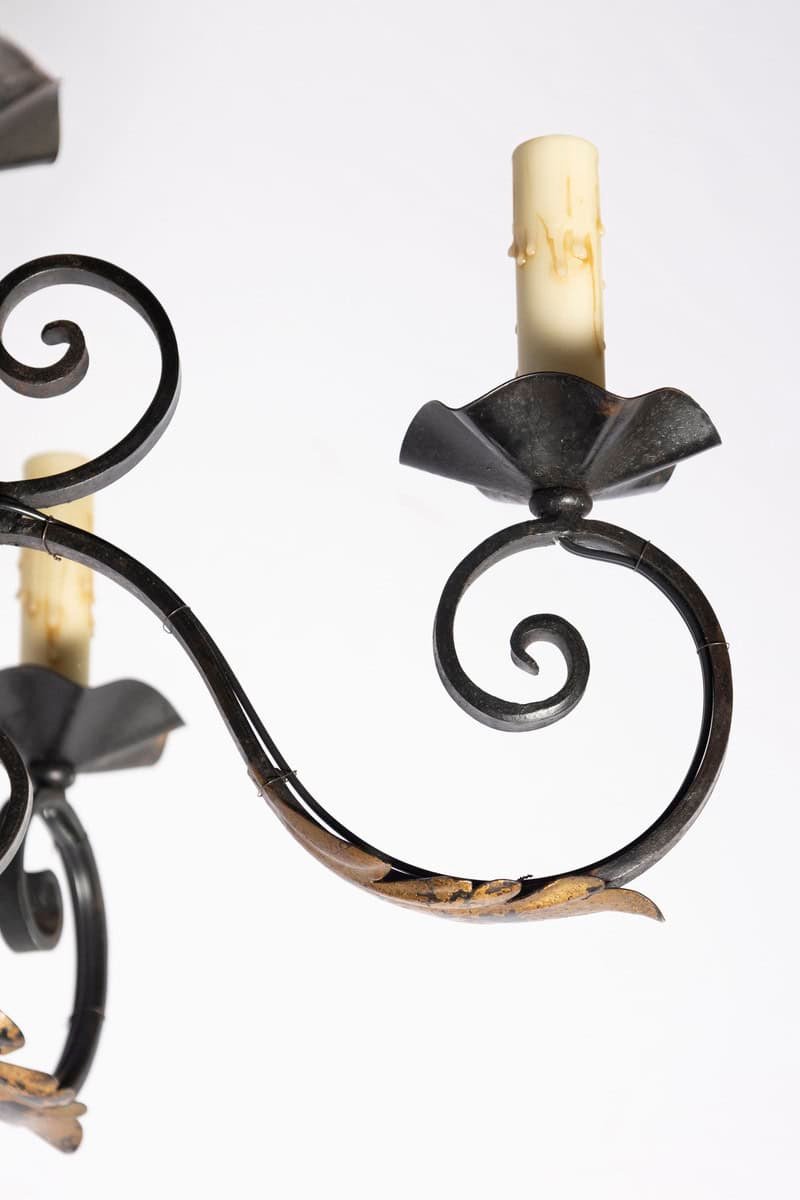 20th Century French Wrought Iron and Gilt Tole Chandelier - JAA