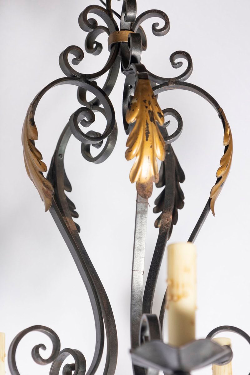 20th Century French Wrought Iron and Gilt Tole Chandelier - JAA