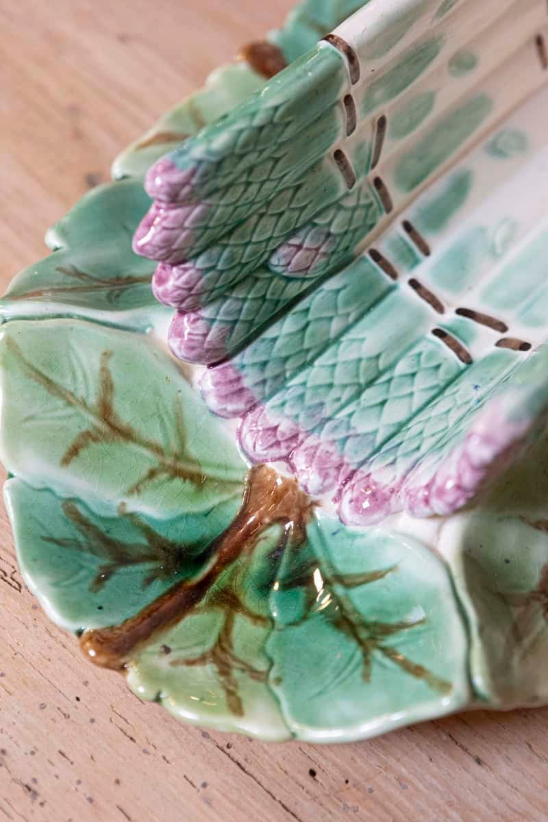 French 19th Century Longchamp Majolica Asparagus Tray with Foliage Platter - JAA