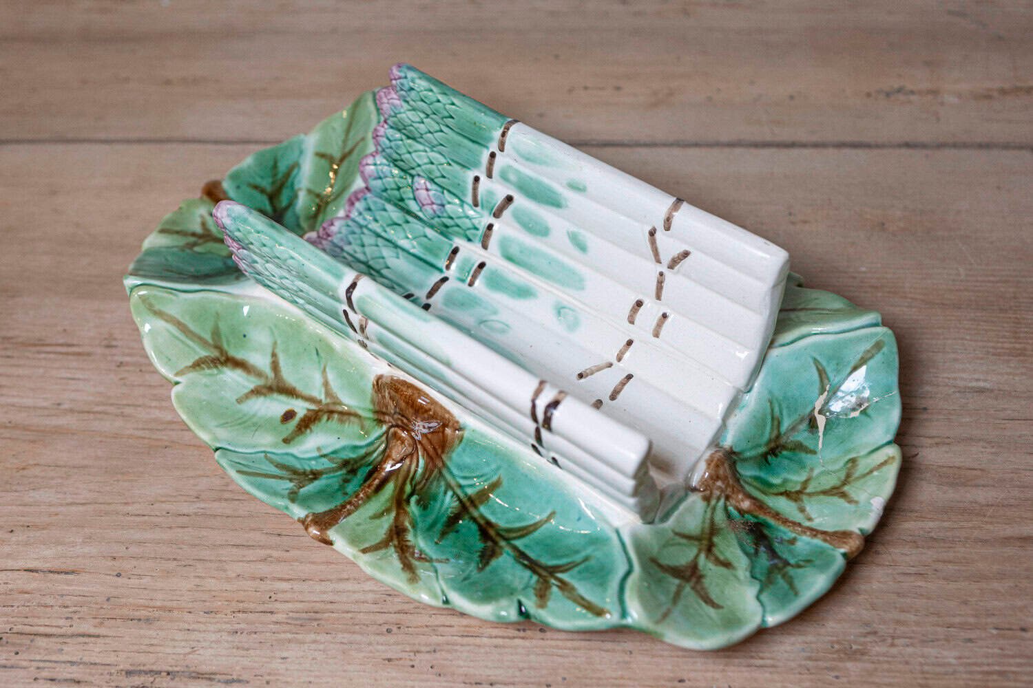 French 19th Century Longchamp Majolica Asparagus Tray with Foliage Platter - JAA