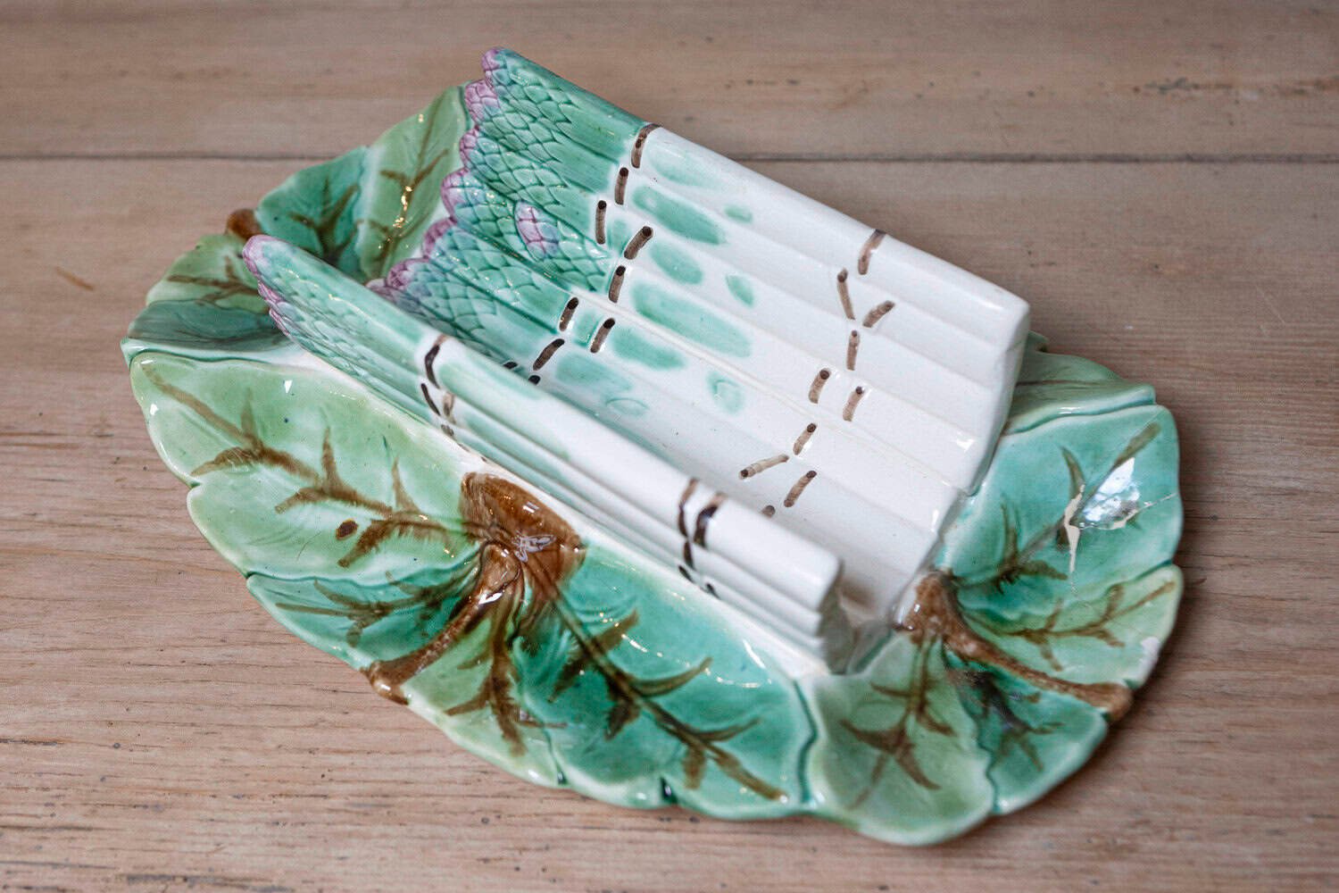 French 19th Century Longchamp Majolica Asparagus Tray with Foliage Platter - JAA