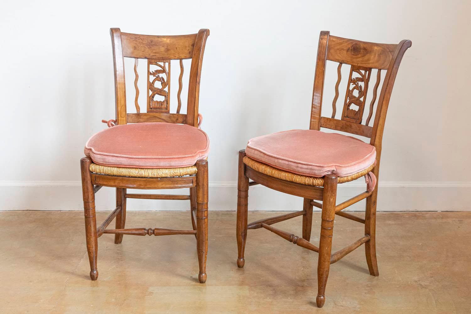 Pair of French Directoire Period Walnut Side Chairs with Carved Stags - JAA