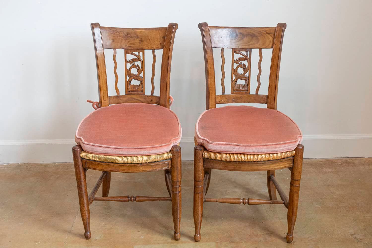 Pair of French Directoire Period Walnut Side Chairs with Carved Stags - JAA