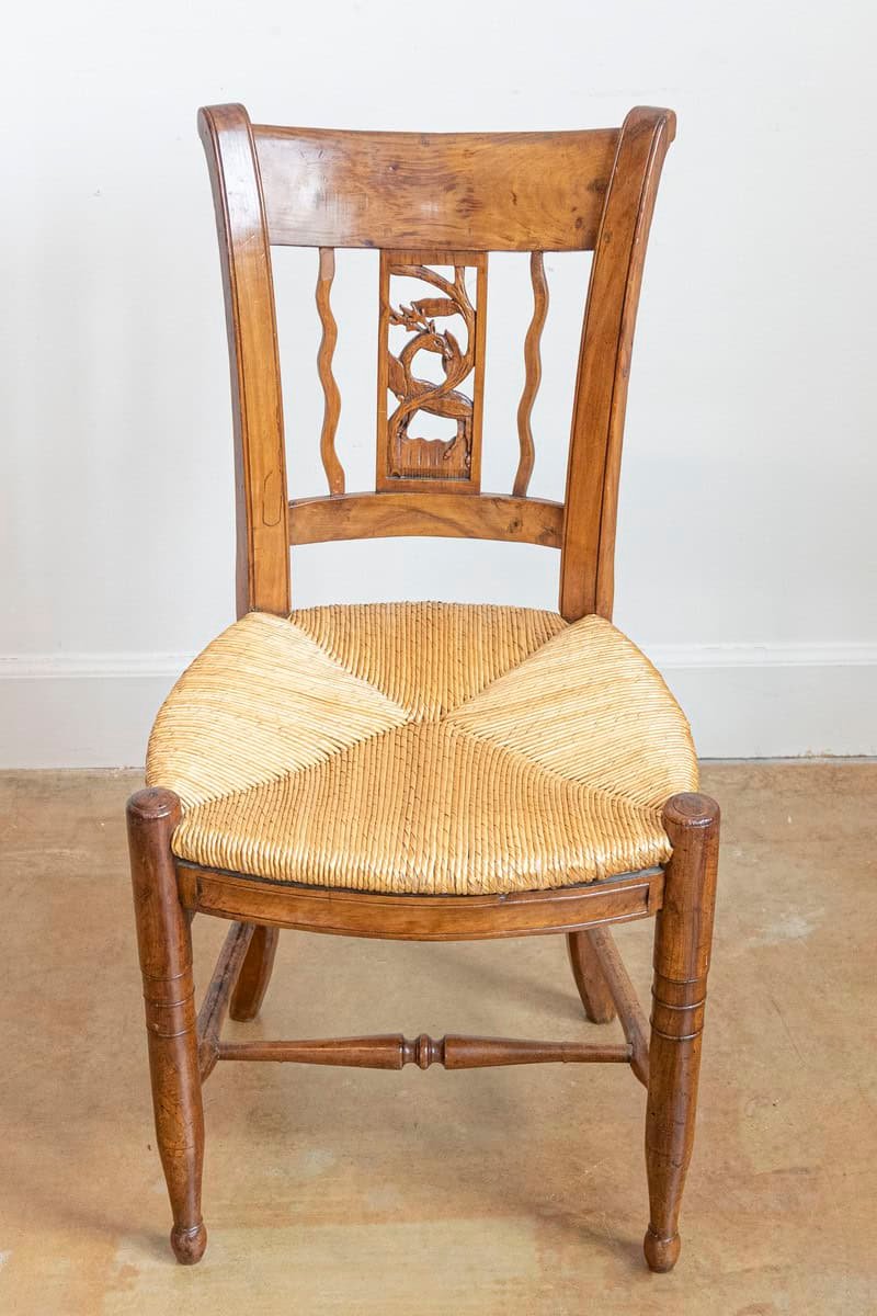 Pair of French Directoire Period Walnut Side Chairs with Carved Stags - JAA
