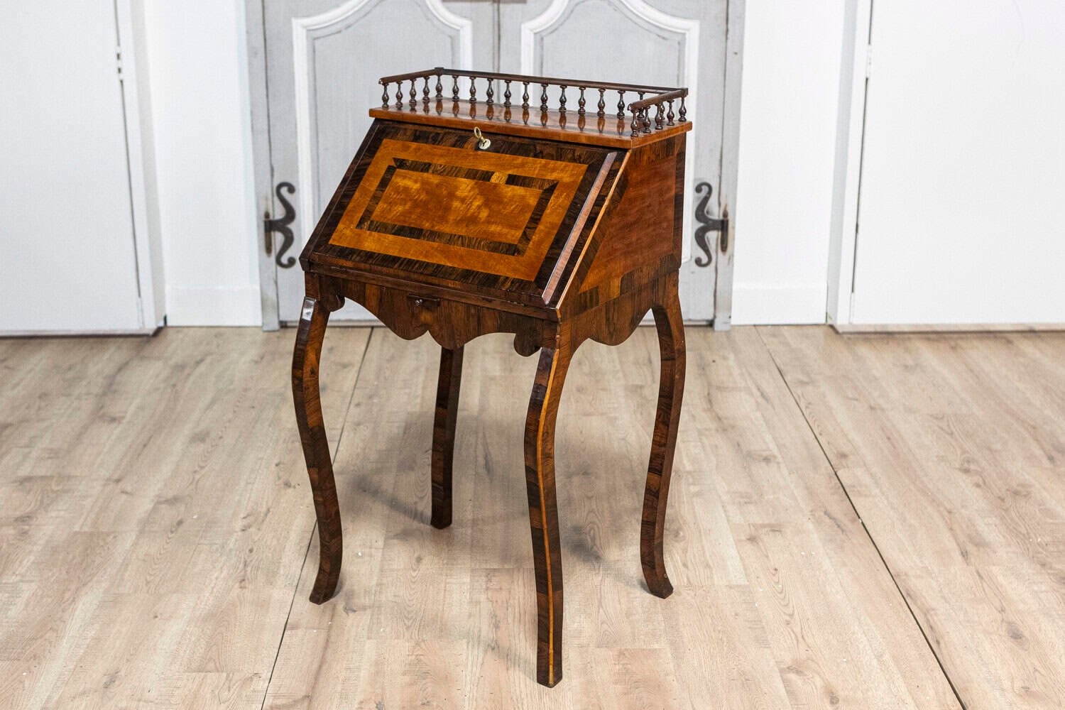 Italian 19th Century Walnut and Mahogany Writing Table with Slant Front Desk - JAA