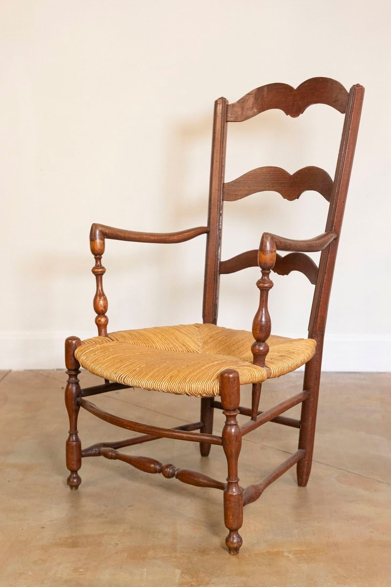 Rustic French 19th Century Walnut Armchairs with Rush Seats, Sold Individually - JAA