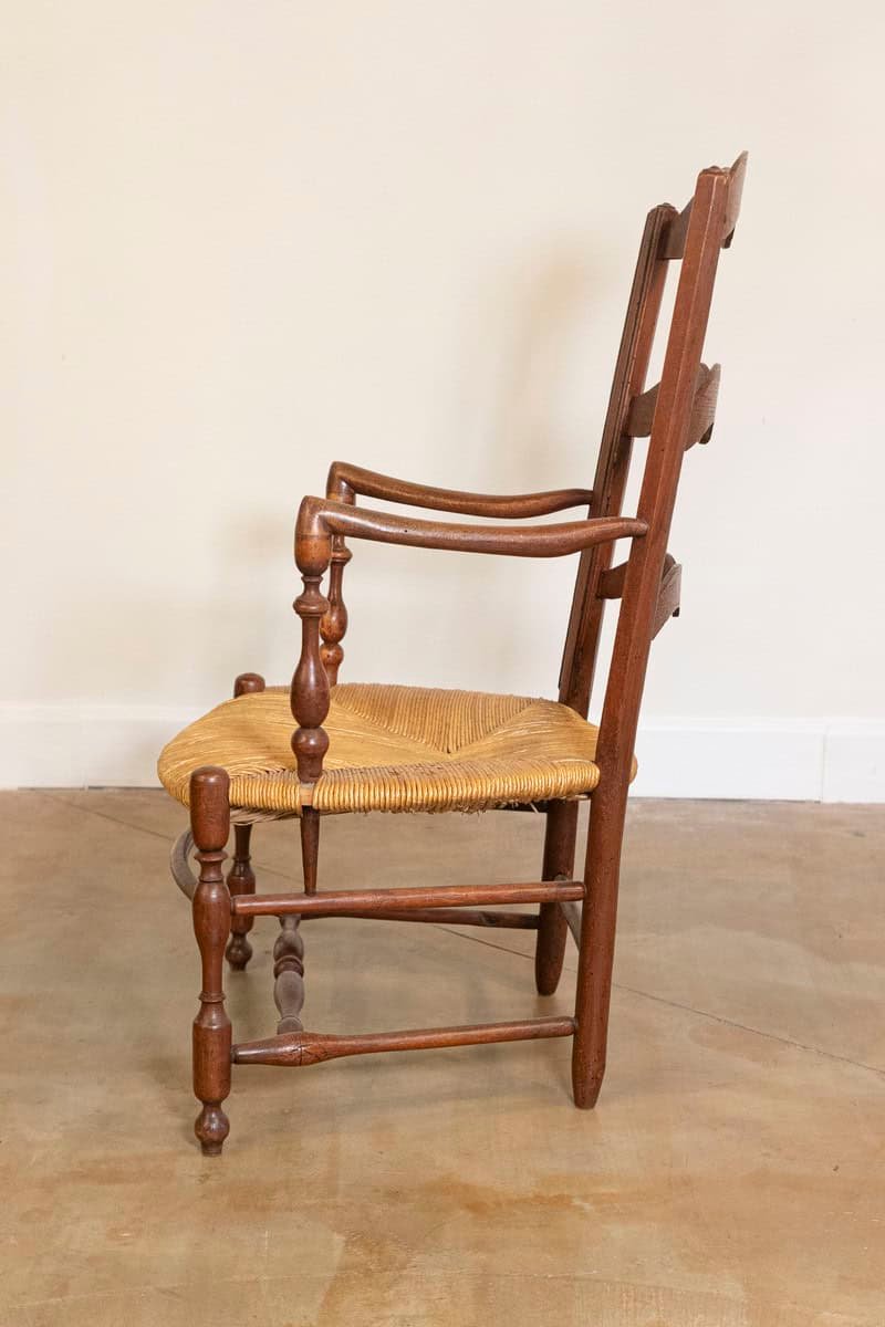 Rustic French 19th Century Walnut Armchairs with Rush Seats, Sold Individually - JAA