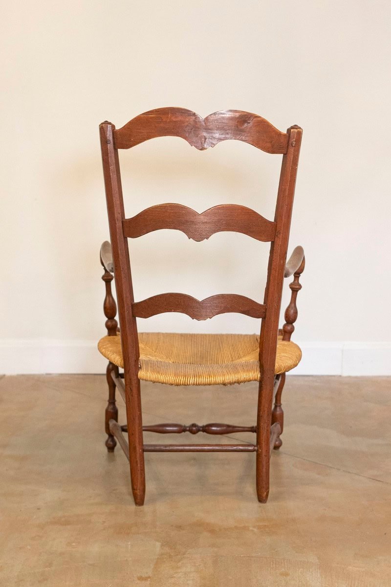 Rustic French 19th Century Walnut Armchairs with Rush Seats, Sold Individually - JAA