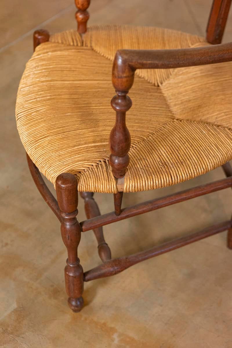 Rustic French 19th Century Walnut Armchairs with Rush Seats, Sold Individually - JAA