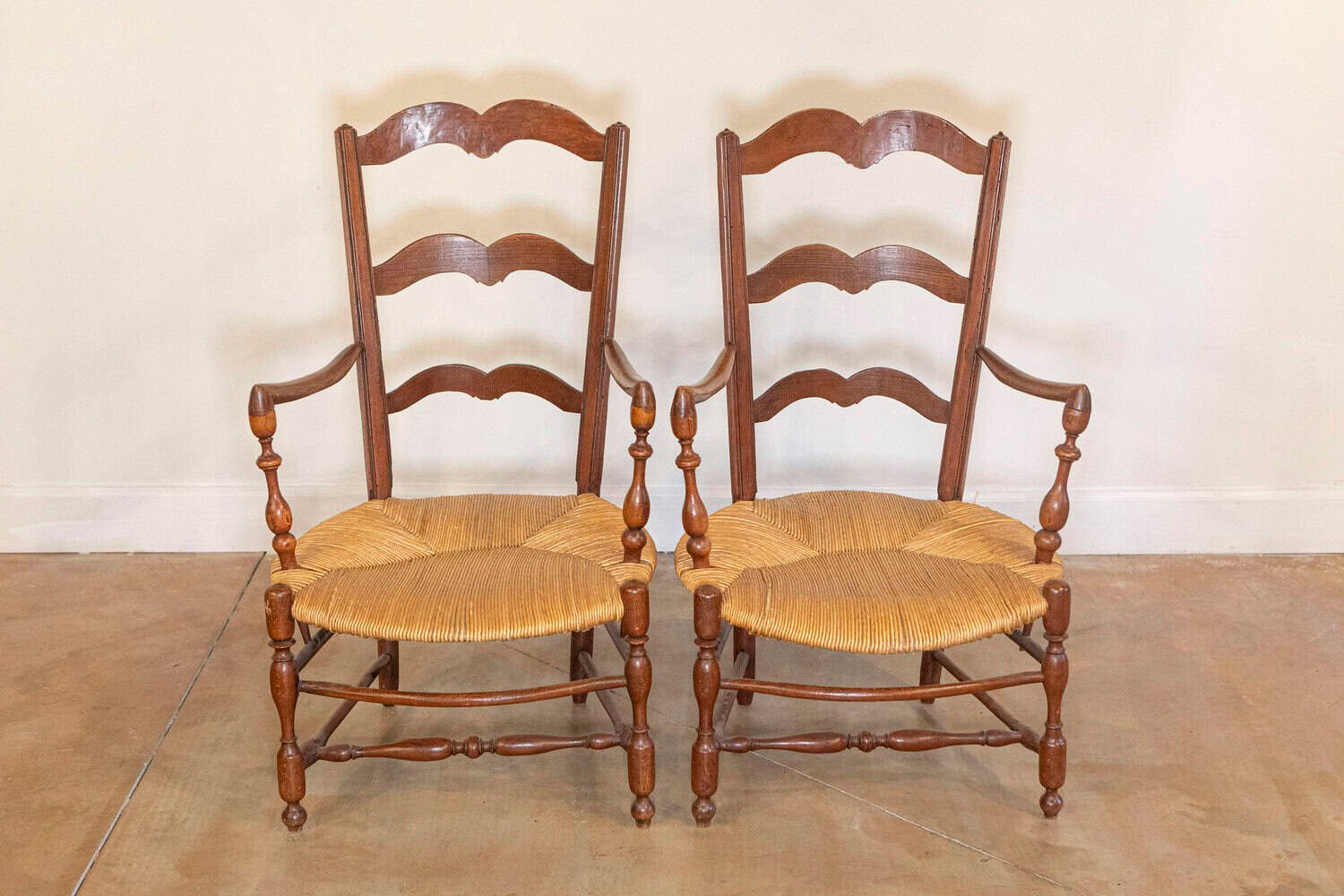 Rustic French 19th Century Walnut Armchairs with Rush Seats, Sold Individually - JAA