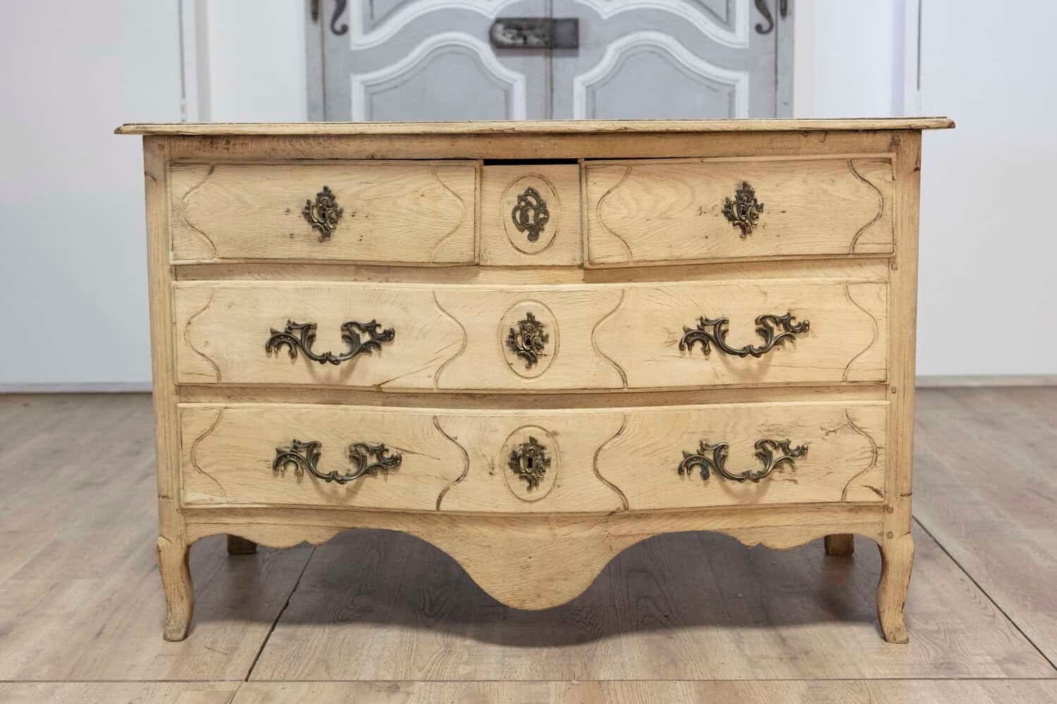 19th Century French Louis XV Bleached Oak Commode with Brass Hardware - JAA