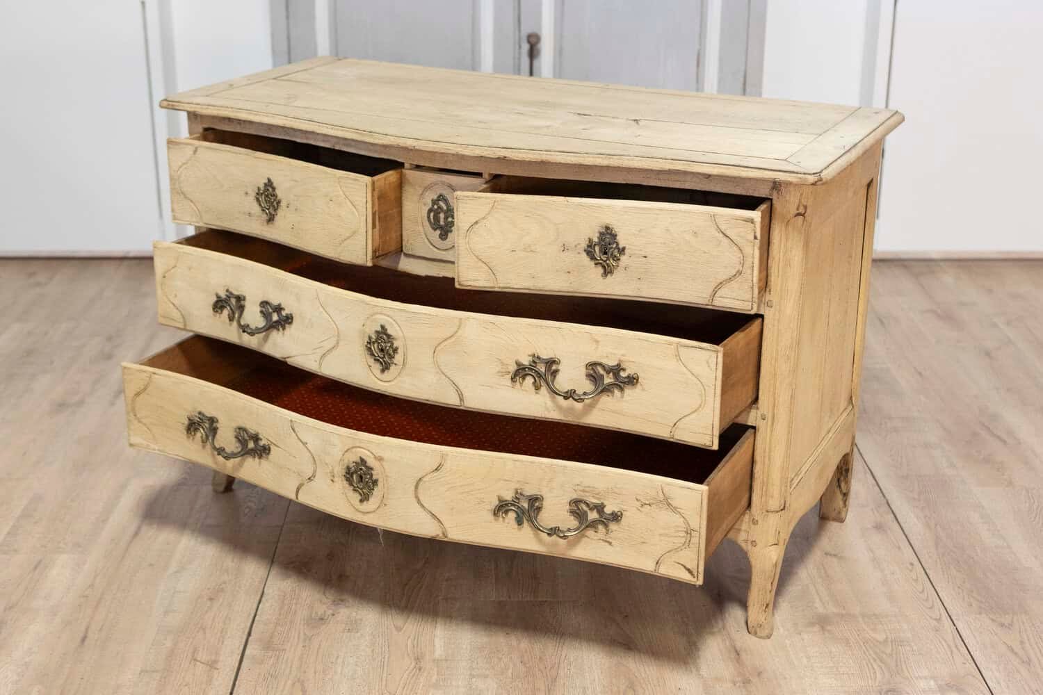 19th Century French Louis XV Bleached Oak Commode with Brass Hardware - JAA