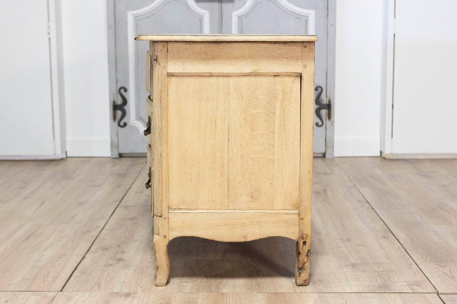 19th Century French Louis XV Bleached Oak Commode with Brass Hardware - JAA