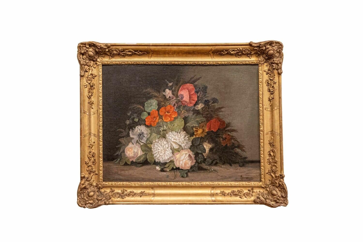 19th Century French Floral Painting Signed Philippe Rousseau in Giltwood Frame - JAA