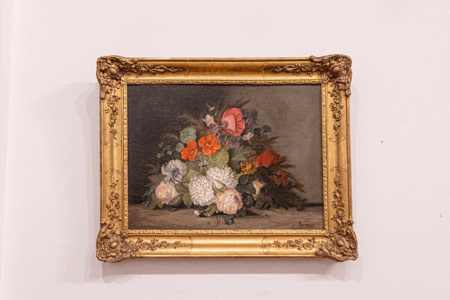 19th Century French Floral Painting Signed Philippe Rousseau in Giltwood Frame - JAA
