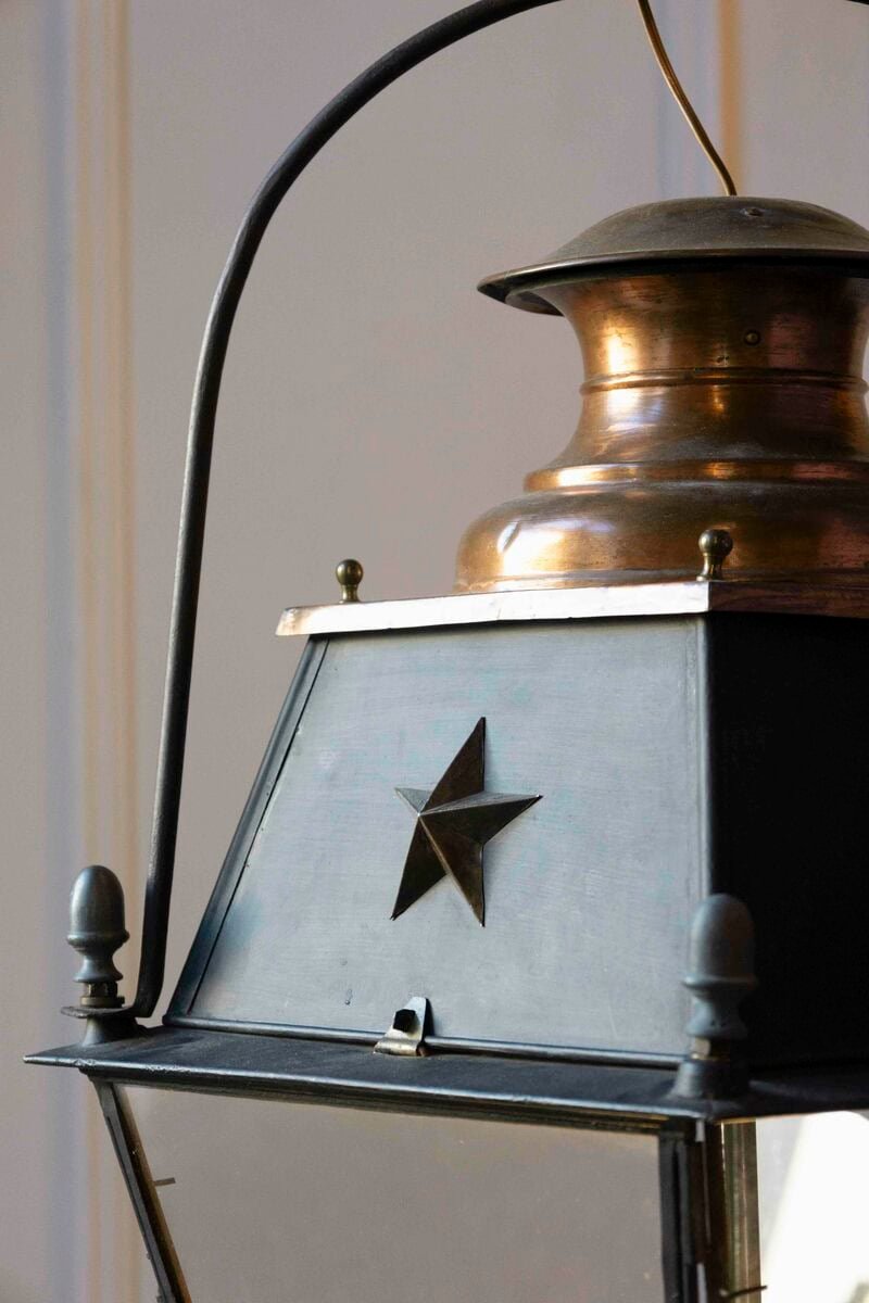 20th-Century French Copper and Iron Lantern with Star Motifs - JAA