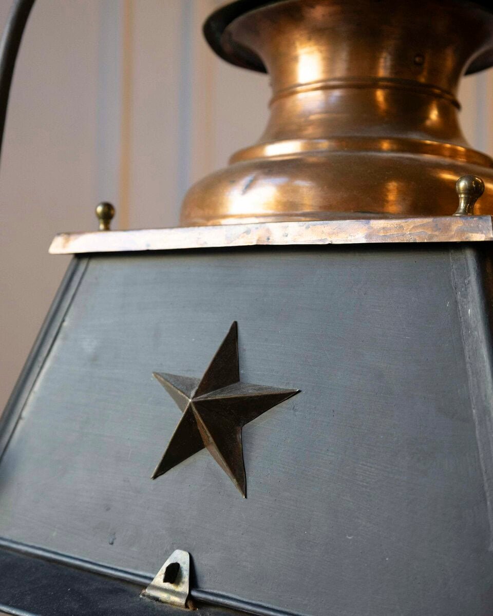 20th-Century French Copper and Iron Lantern with Star Motifs - JAA