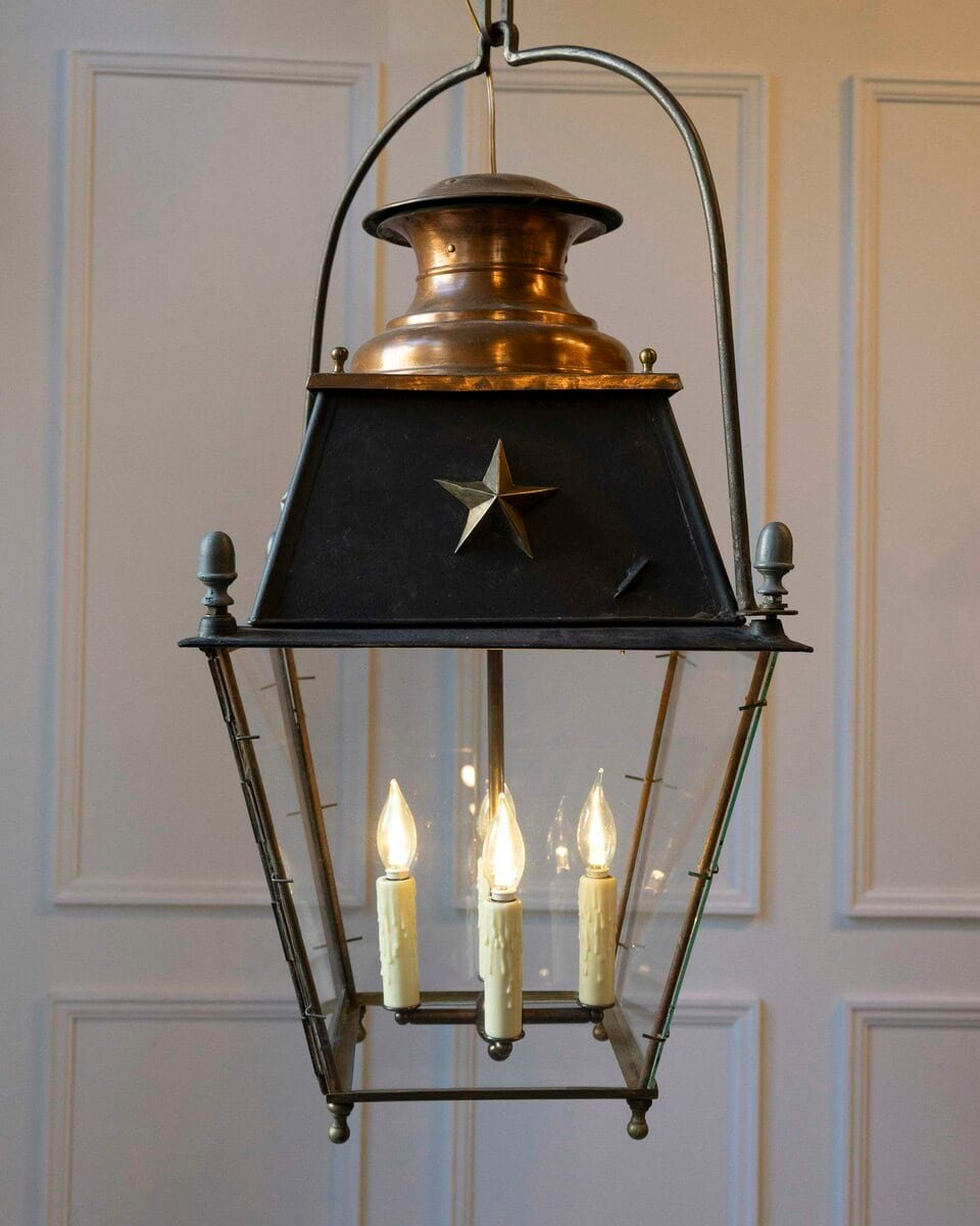 20th-Century French Copper and Iron Lantern with Star Motifs - JAA