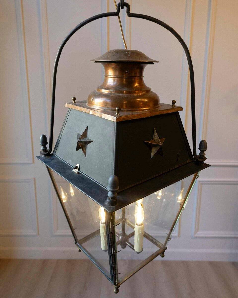 20th-Century French Copper and Iron Lantern with Star Motifs - JAA