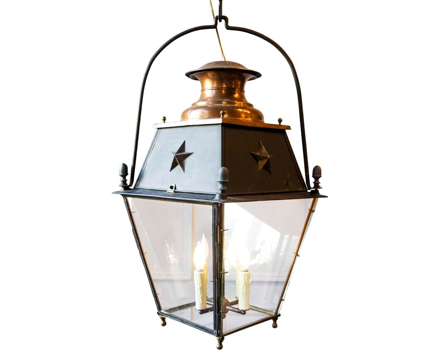 20th-Century French Copper and Iron Lantern with Star Motifs