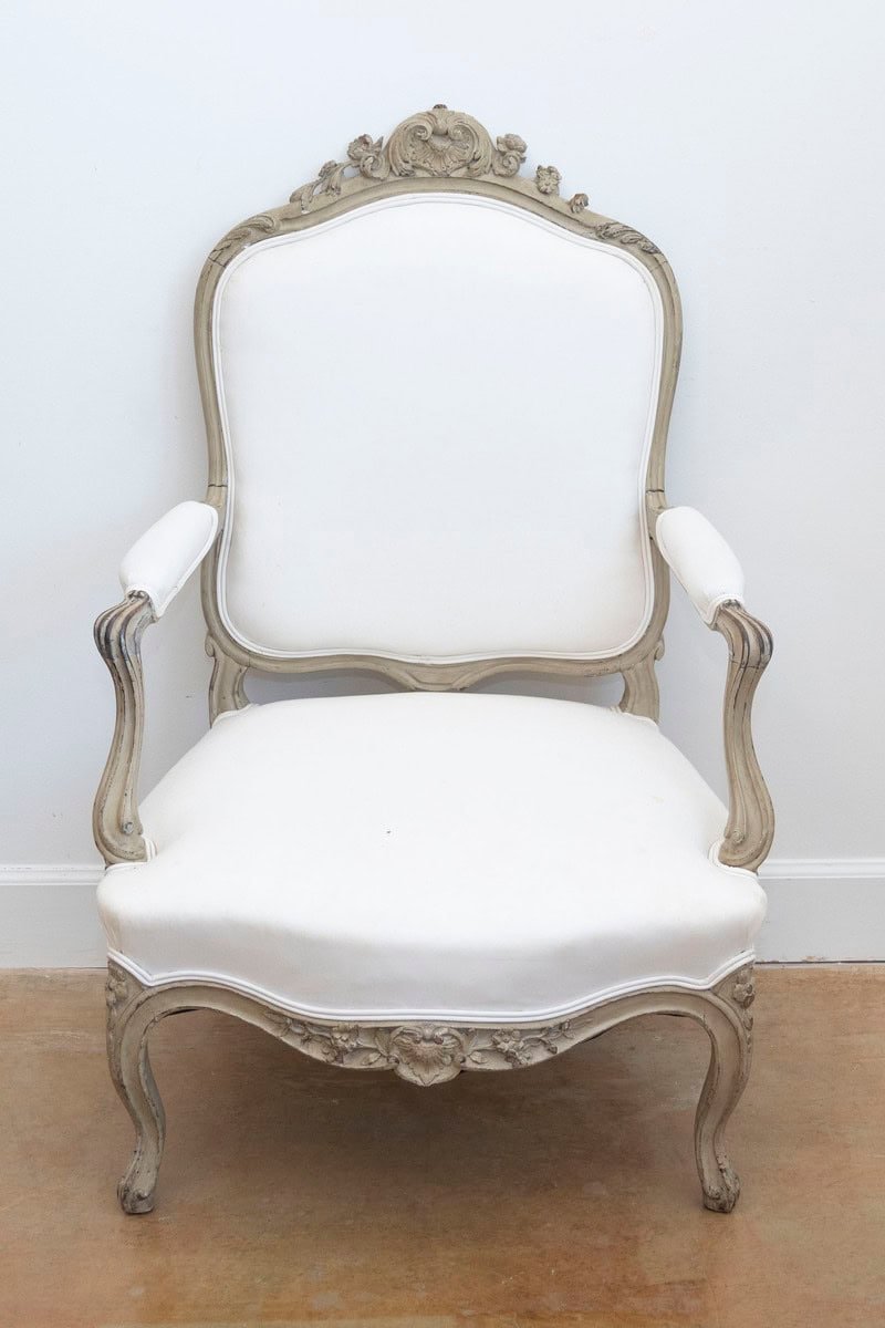 Pair of Napoléon III 1850s Painted and Upholstered Armchairs with Carved Flowers - JAA