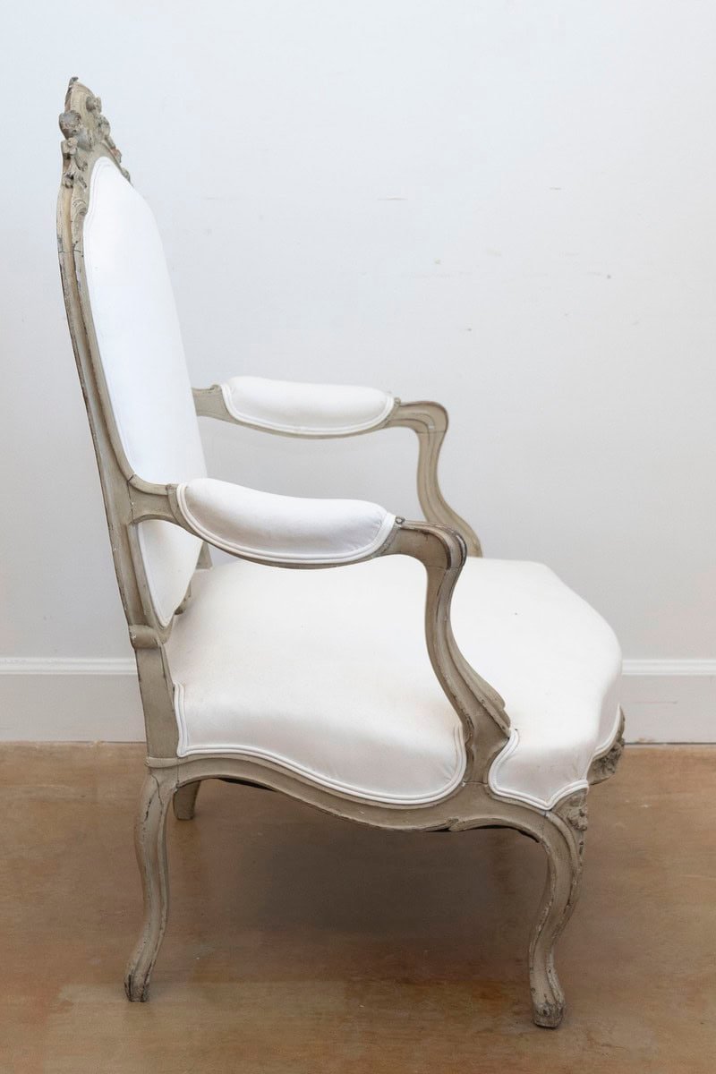 Pair of Napoléon III 1850s Painted and Upholstered Armchairs with Carved Flowers - JAA