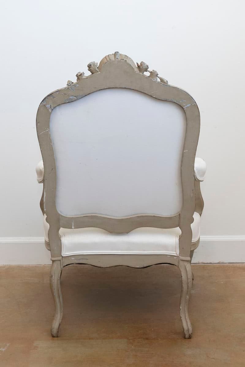 Pair of Napoléon III 1850s Painted and Upholstered Armchairs with Carved Flowers - JAA