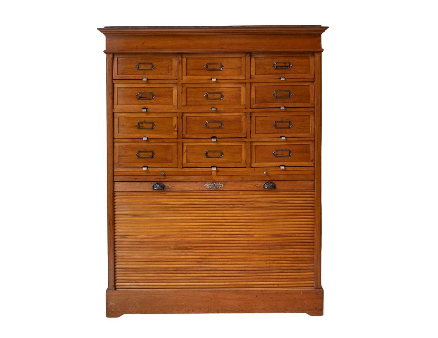 Early 20th Century Italian Wooden Filing Cabinet with Tambour Door