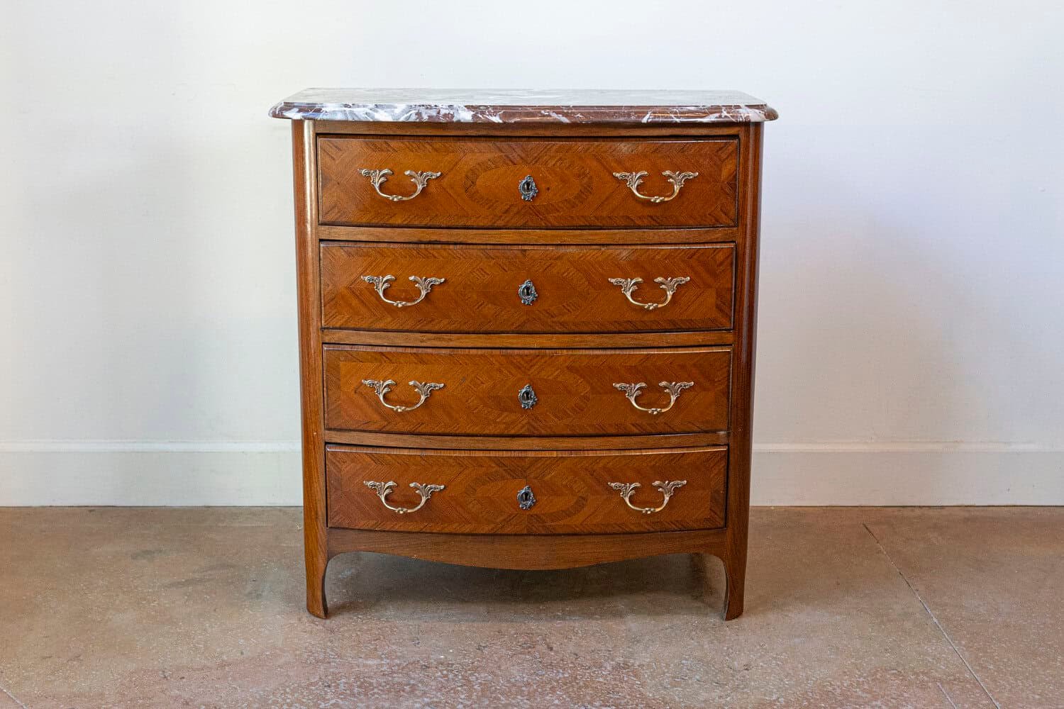 Louis XIV Style Commode with Rosewood Marquetry Décor and Red Griotte Marble - JAA