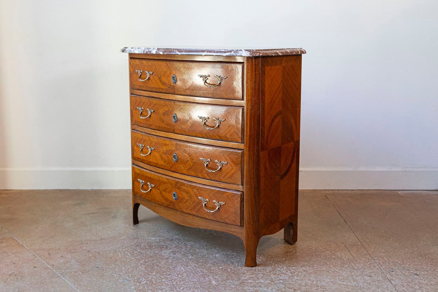 Louis XIV Style Commode with Rosewood Marquetry Décor and Red Griotte Marble - JAA
