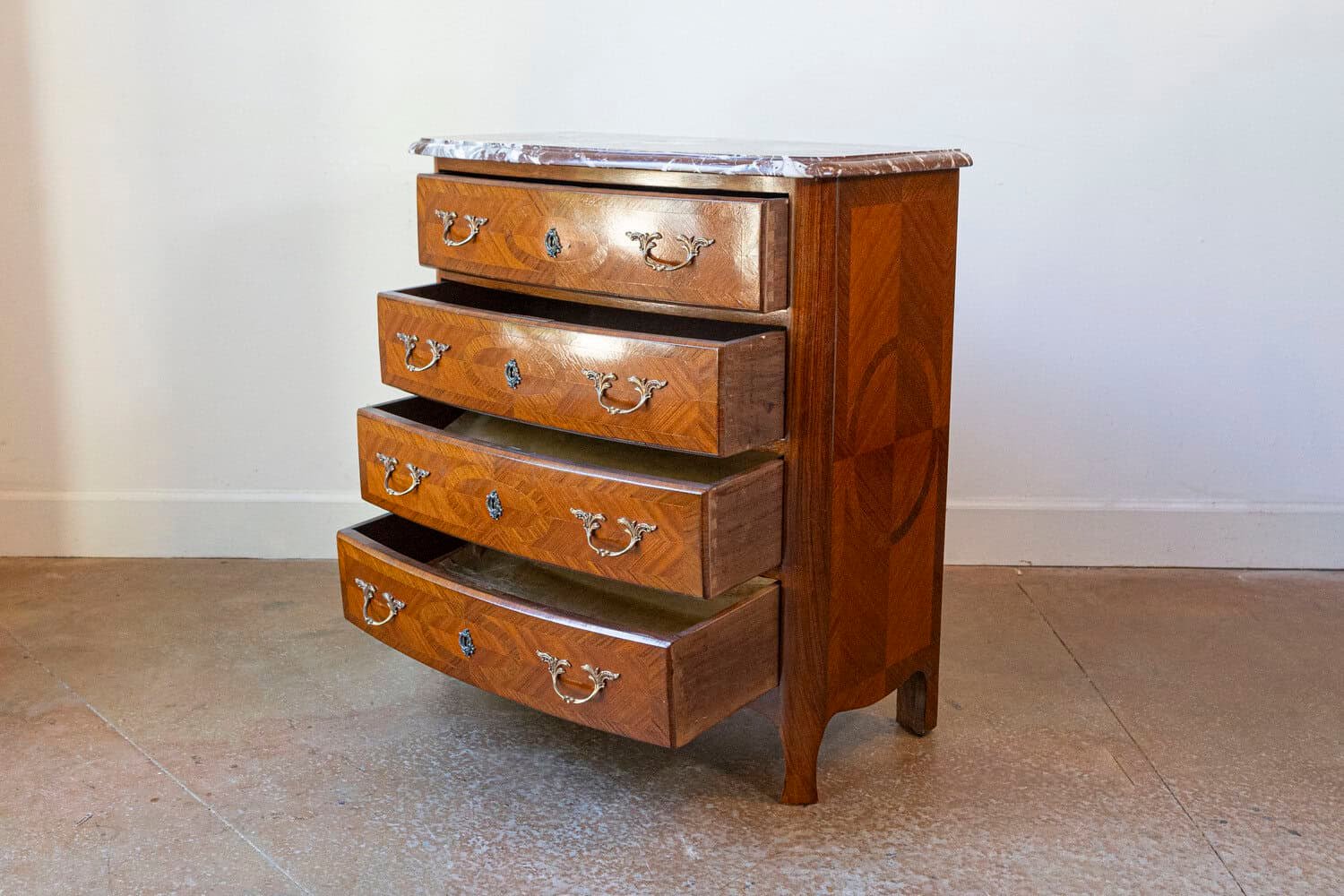 Louis XIV Style Commode with Rosewood Marquetry Décor and Red Griotte Marble - JAA