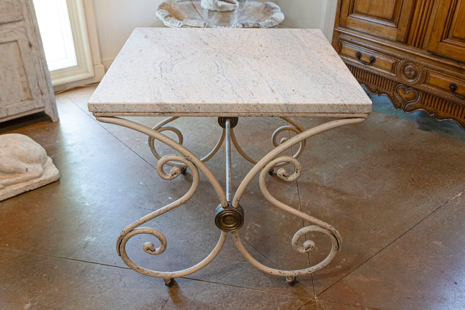 French 1890s Patisserie Table with Painted Iron Scrolling Base and Stone Top - JAA
