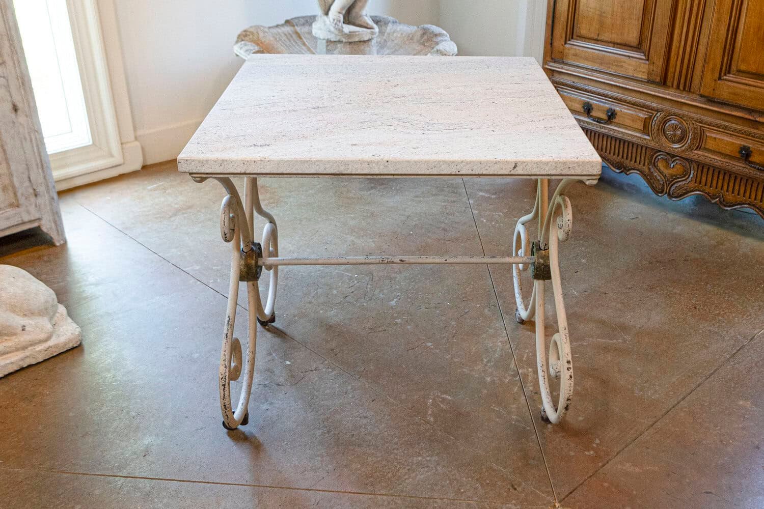 French 1890s Patisserie Table with Painted Iron Scrolling Base and Stone Top - JAA