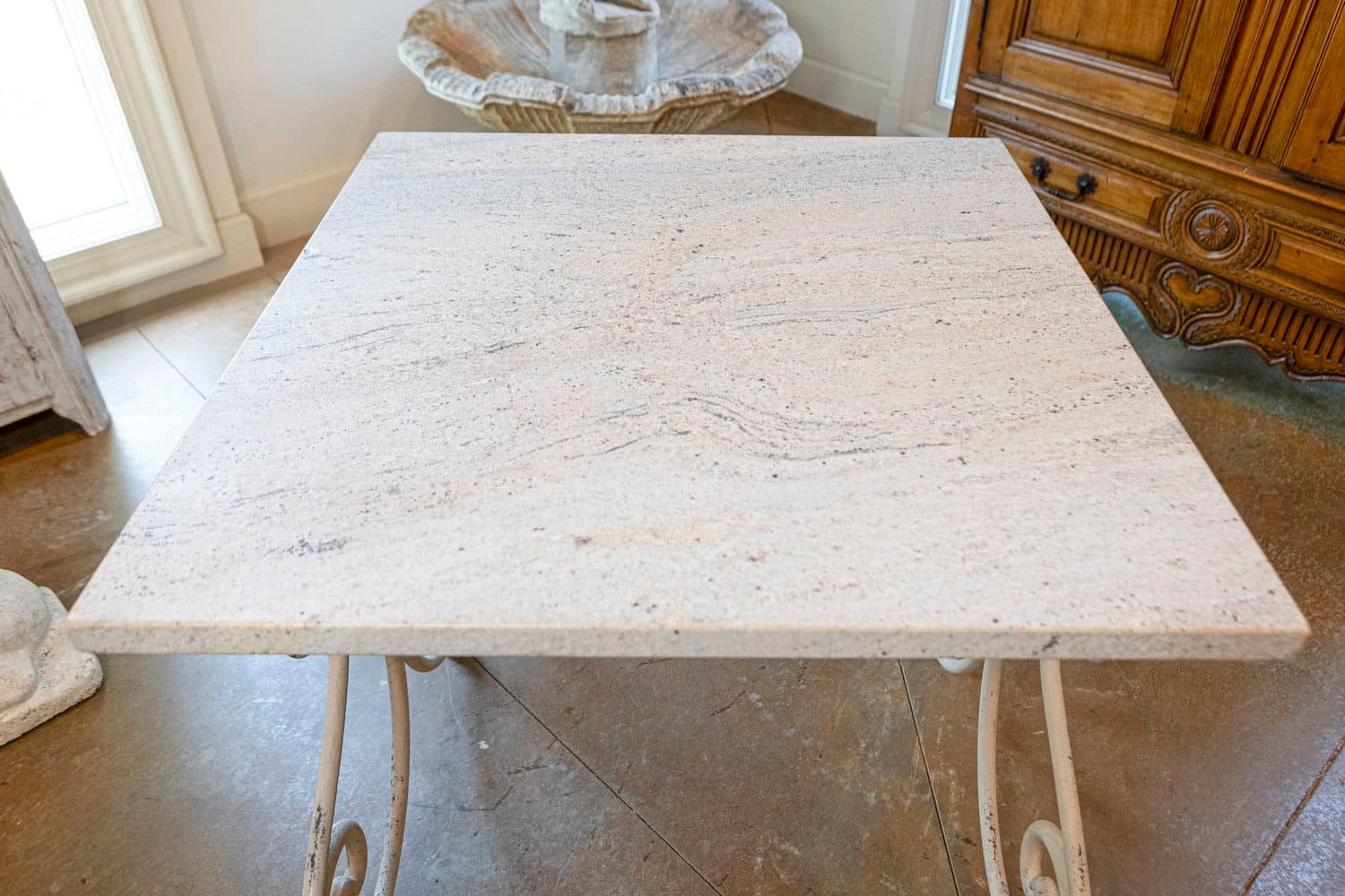 French 1890s Patisserie Table with Painted Iron Scrolling Base and Stone Top - JAA