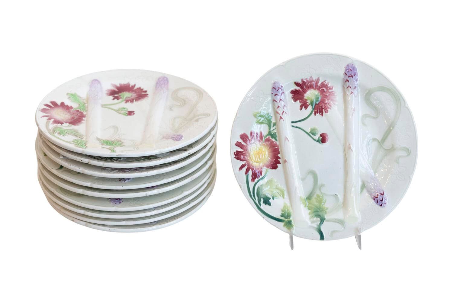 French 19th Century Majolica Asparagus Dinner Plates with Colorful Flowers