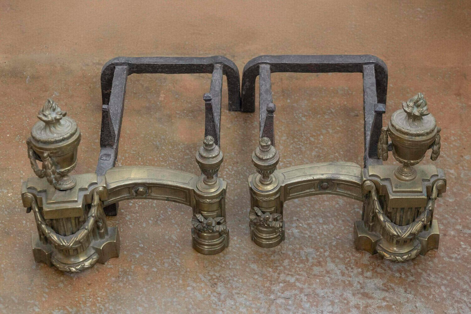 English circa 1860 Pair of Neoclassical Brass Andirons with Fire Urns and Swag Motifs - JAA