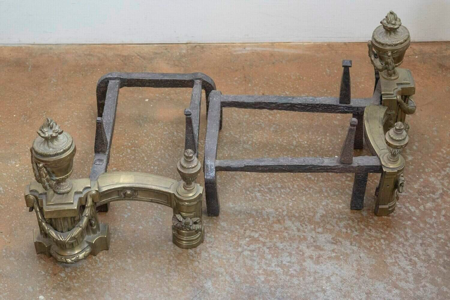 English circa 1860 Pair of Neoclassical Brass Andirons with Fire Urns and Swag Motifs - JAA