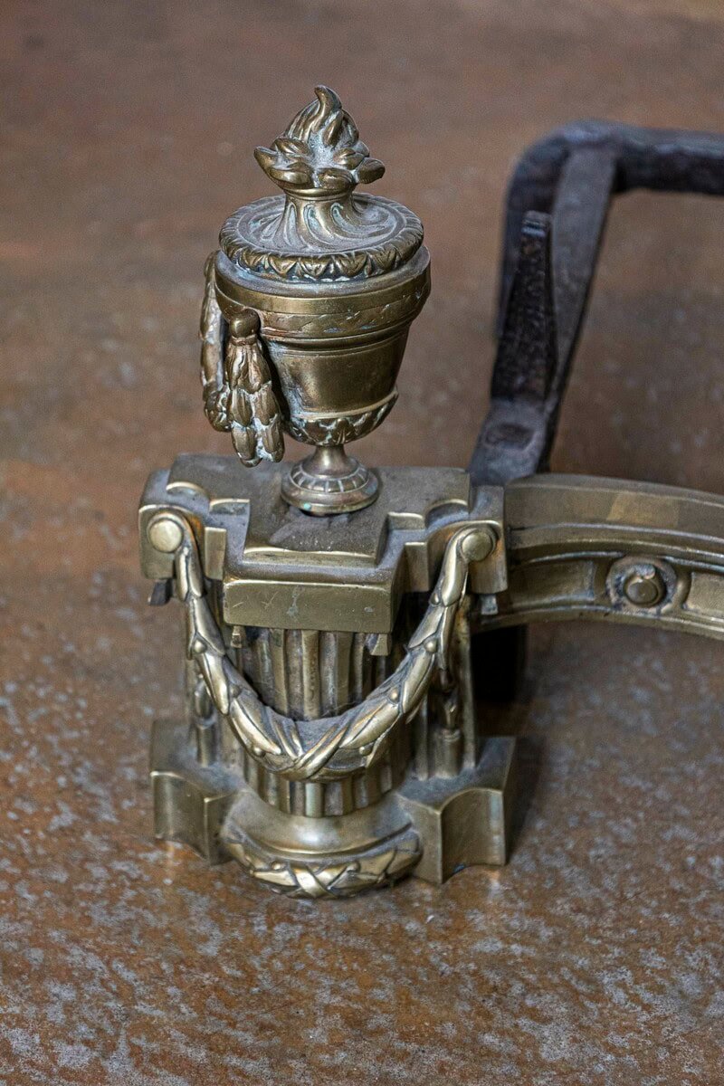 English circa 1860 Pair of Neoclassical Brass Andirons with Fire Urns and Swag Motifs - JAA
