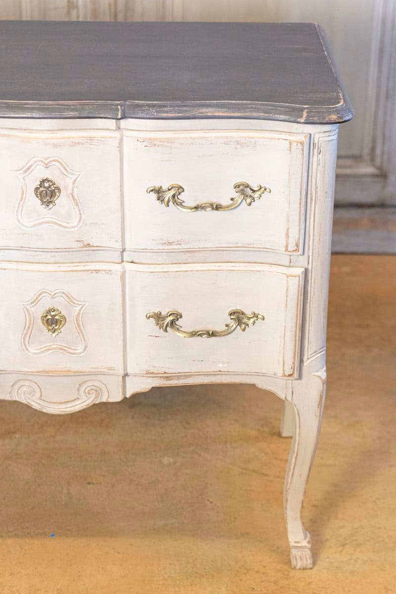 French Louis XV Style 1910s Grey Painted Commode with Bronze Rococo Hardware - JAA