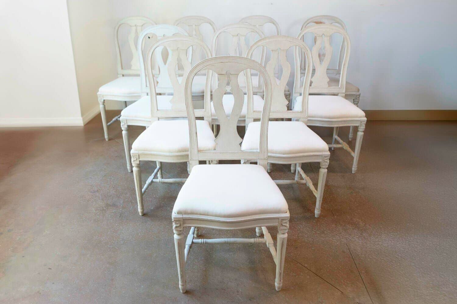 Set of 10 Swedish Painted Dining Room Chairs with Carved Splats and Upholstery - JAA
