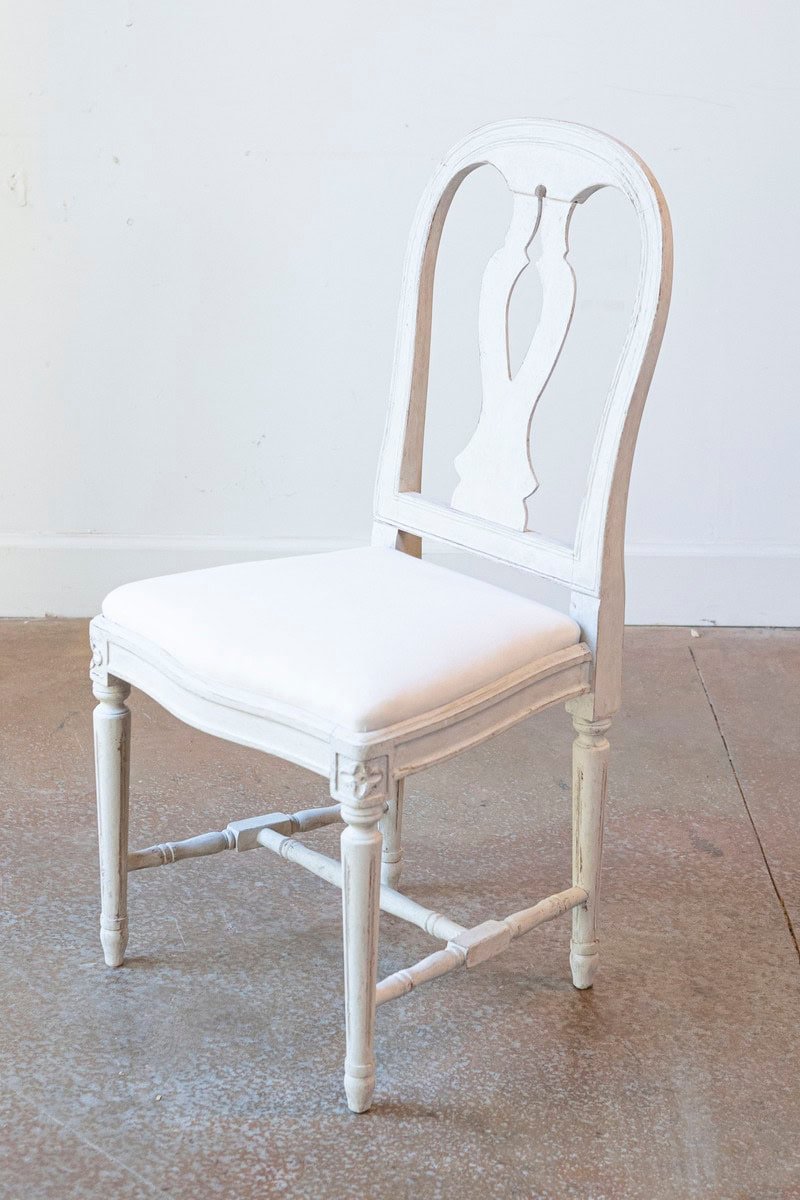 Set of 10 Swedish Painted Dining Room Chairs with Carved Splats and Upholstery - JAA