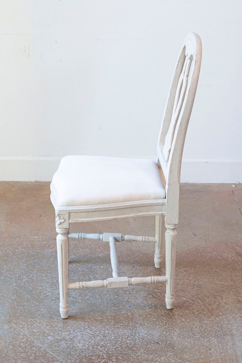 Set of 10 Swedish Painted Dining Room Chairs with Carved Splats and Upholstery - JAA