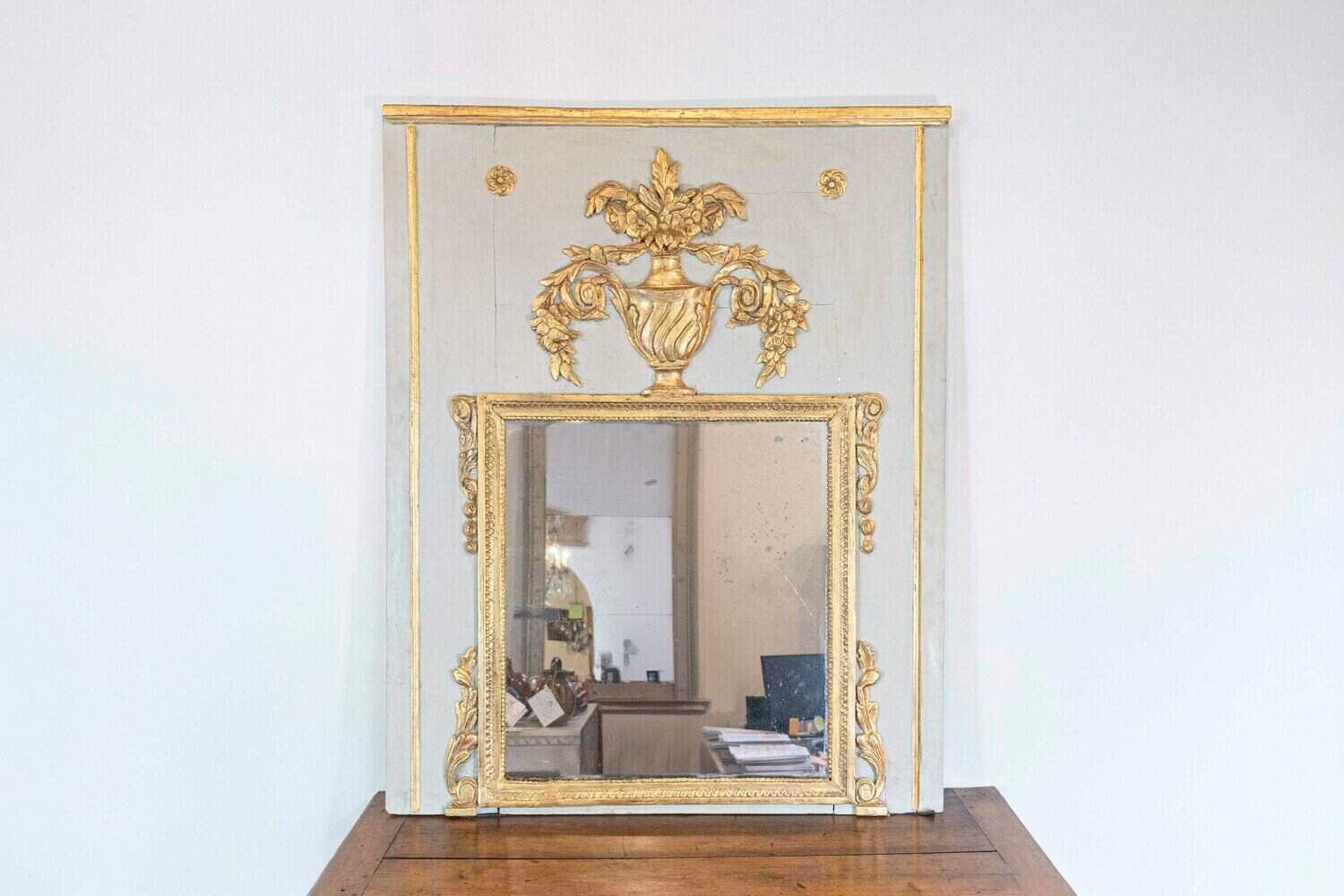 French 1775 Transition Period Painted and Gilt Trumeau Mirror with Carved Urn - JAA