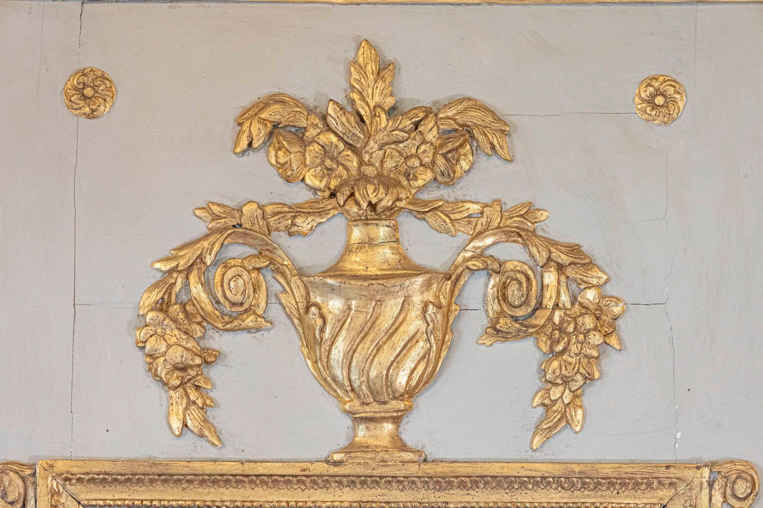 French 1775 Transition Period Painted and Gilt Trumeau Mirror with Carved Urn - JAA