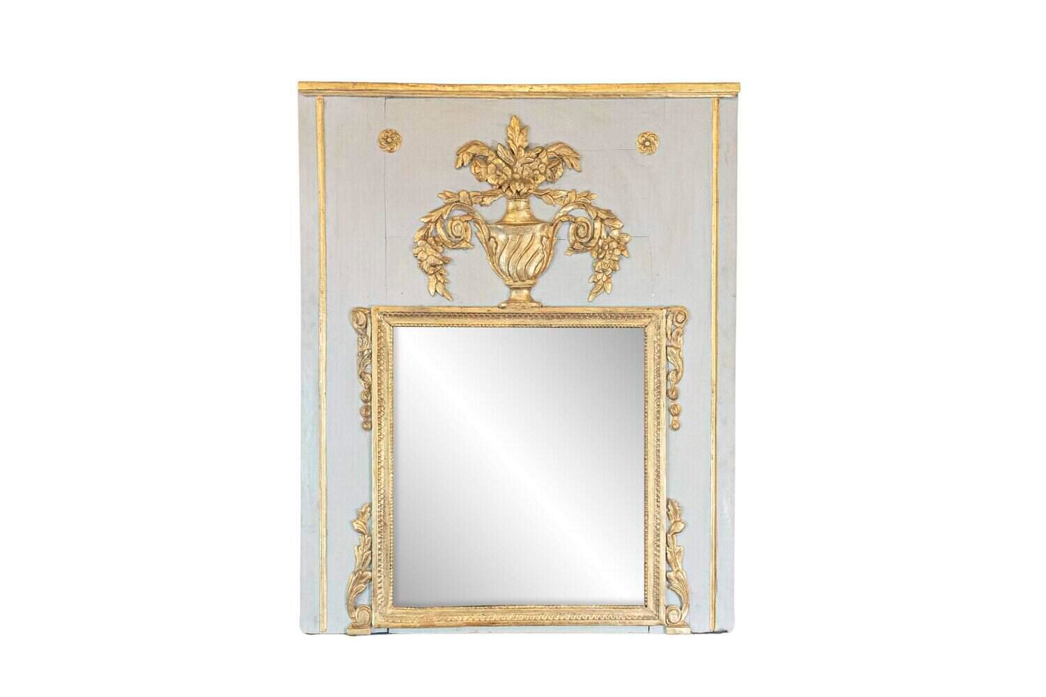 French 1775 Transition Period Painted and Gilt Trumeau Mirror with Carved Urn - JAA