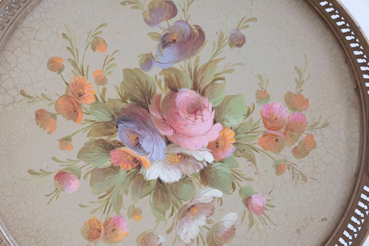 French, Tôle Tray with Hand-Painted Bouquet of Roses and Pierced Gallery - JAA