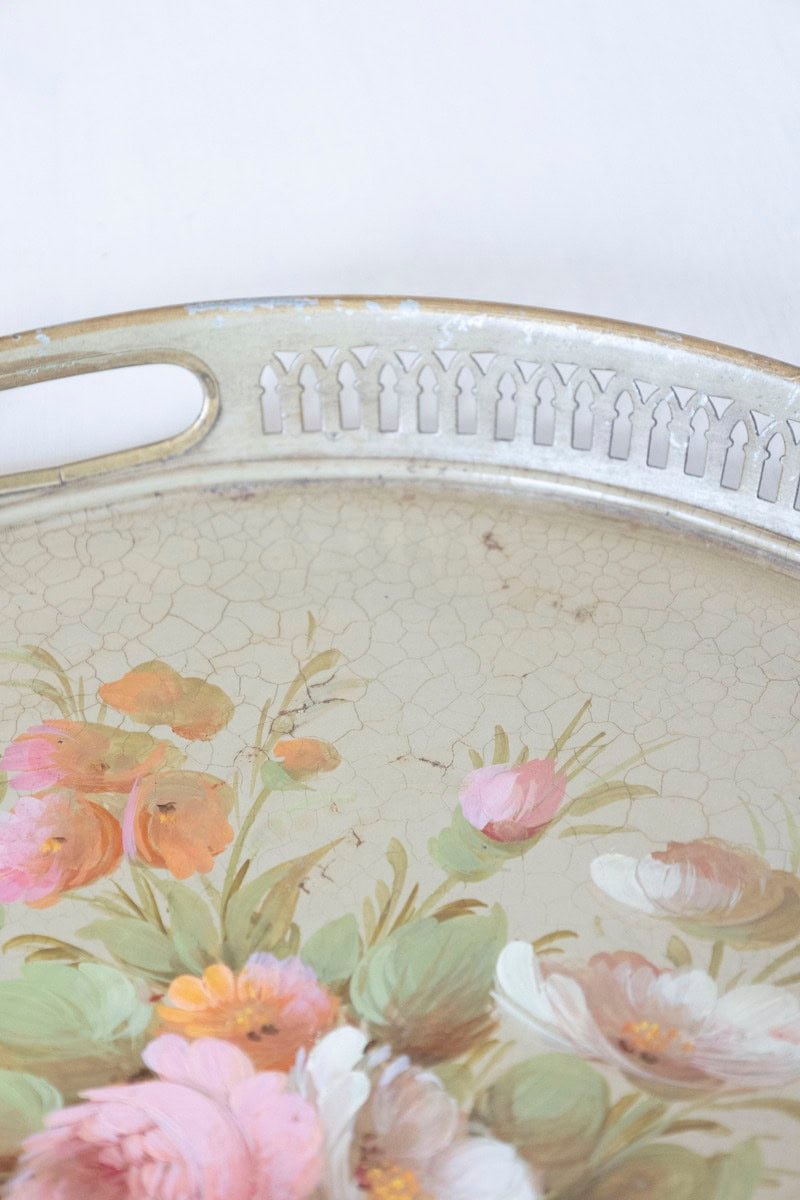 French, Tôle Tray with Hand-Painted Bouquet of Roses and Pierced Gallery - JAA