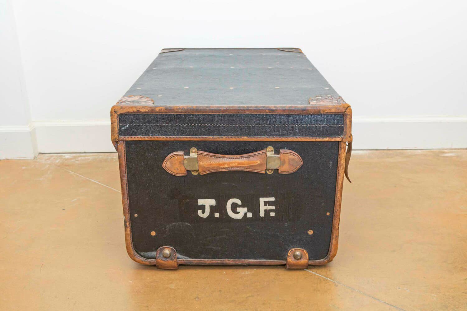 English Victorian Period 19th Century Black Traveling Trunk With Initials J.G.F. - JAA