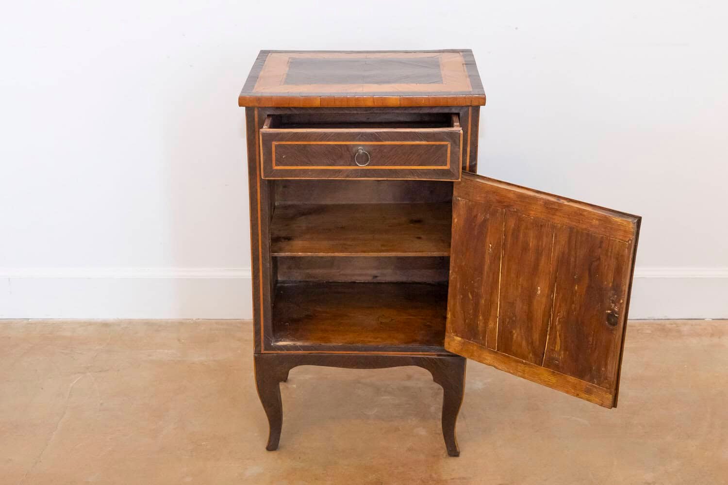 Italian 19th Century Bedside Table with Inlaid Décor, Single Drawer and Door - JAA