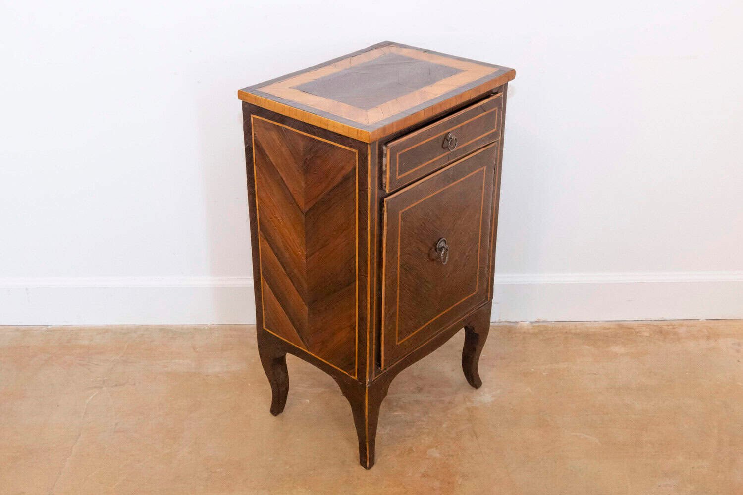 Italian 19th Century Bedside Table with Inlaid Décor, Single Drawer and Door - JAA